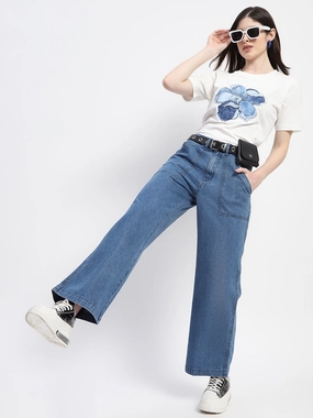 Contemporary Fit Madame Slant Pocket Flared Mid Blue Denim