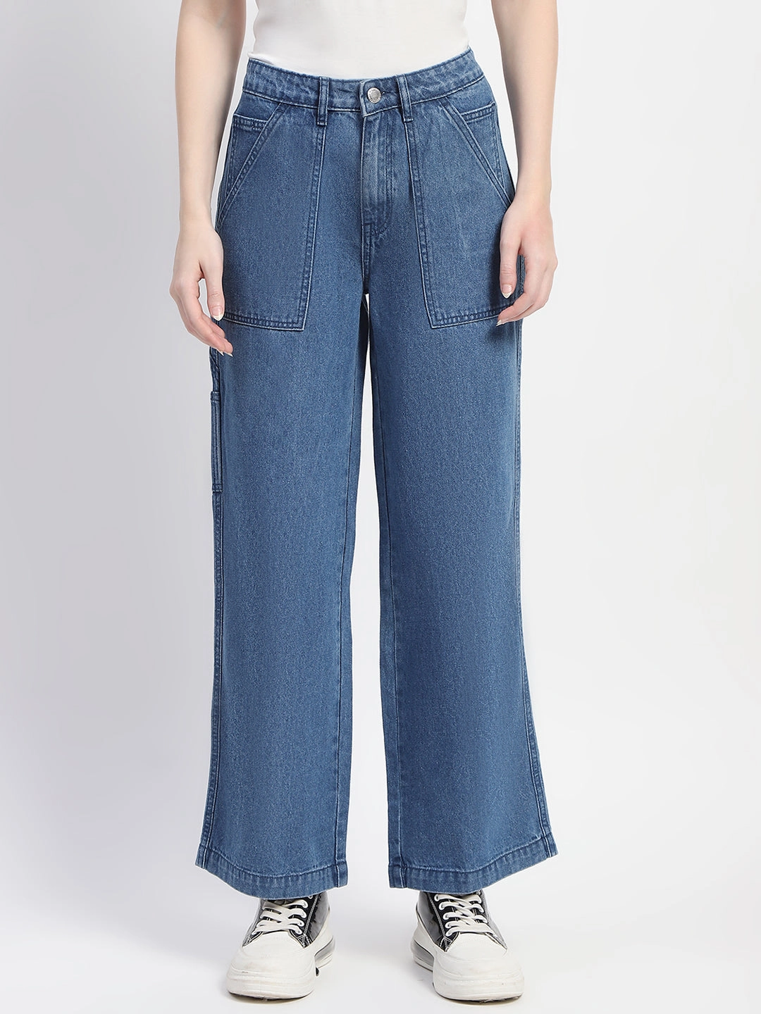 Madame Slant Pocket Flared Mid Blue Denim Fashionable Design