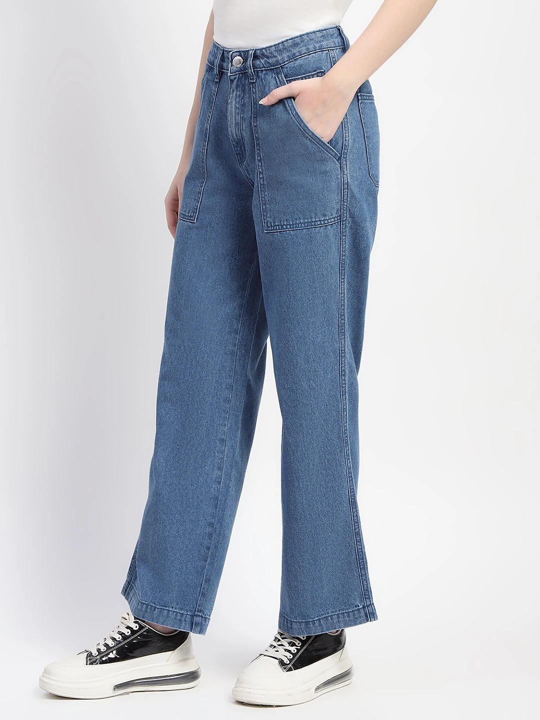 Breathable Lining Madame Slant Pocket Flared Mid Blue Denim
