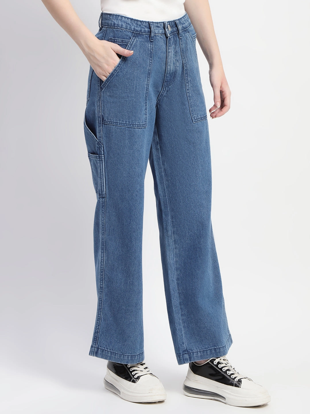 Chic Silhouette Stretch Fabric Madame Slant Pocket Flared Mid Blue Denim