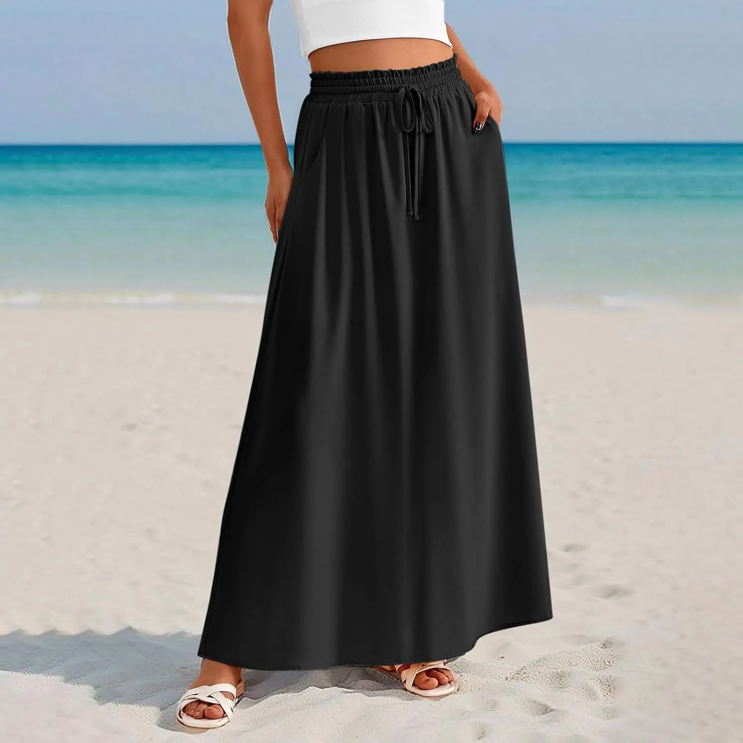 TANGNADE Summer Maxi Skirts for Women High Waisted Smocked Flowy Trendy Casual Swing Boho Beach Vacation Long Skirt