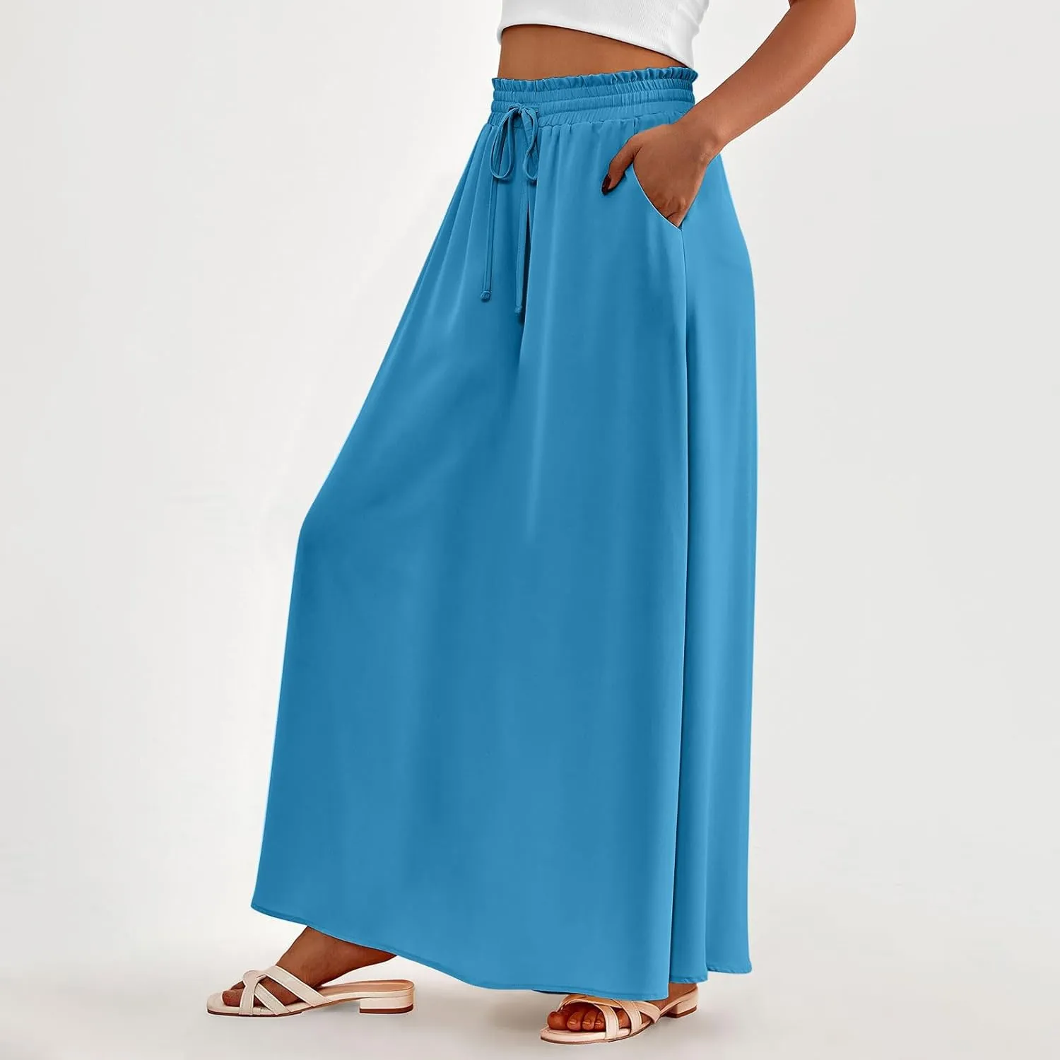 TANGNADE Summer Maxi Skirts for Women High Waisted Smocked Flowy Trendy Casual Swing Boho Beach Vacation Long Skirt