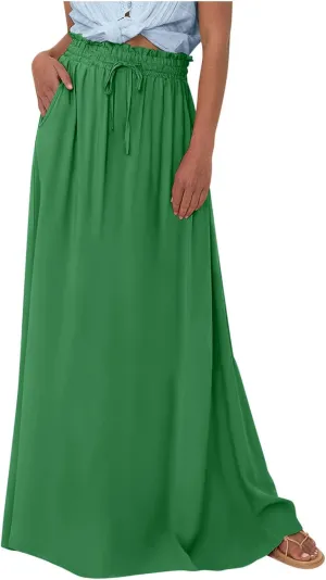 TANGNADE Summer Maxi Skirts for Women High Waisted Smocked Flowy Trendy Casual Swing Boho Beach Vacation Long Skirt