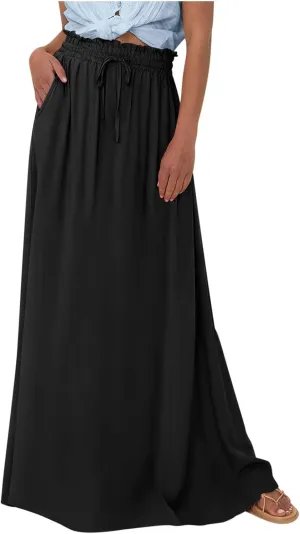TANGNADE Summer Maxi Skirts for Women High Waisted Smocked Flowy Trendy Casual Swing Boho Beach Vacation Long Skirt
