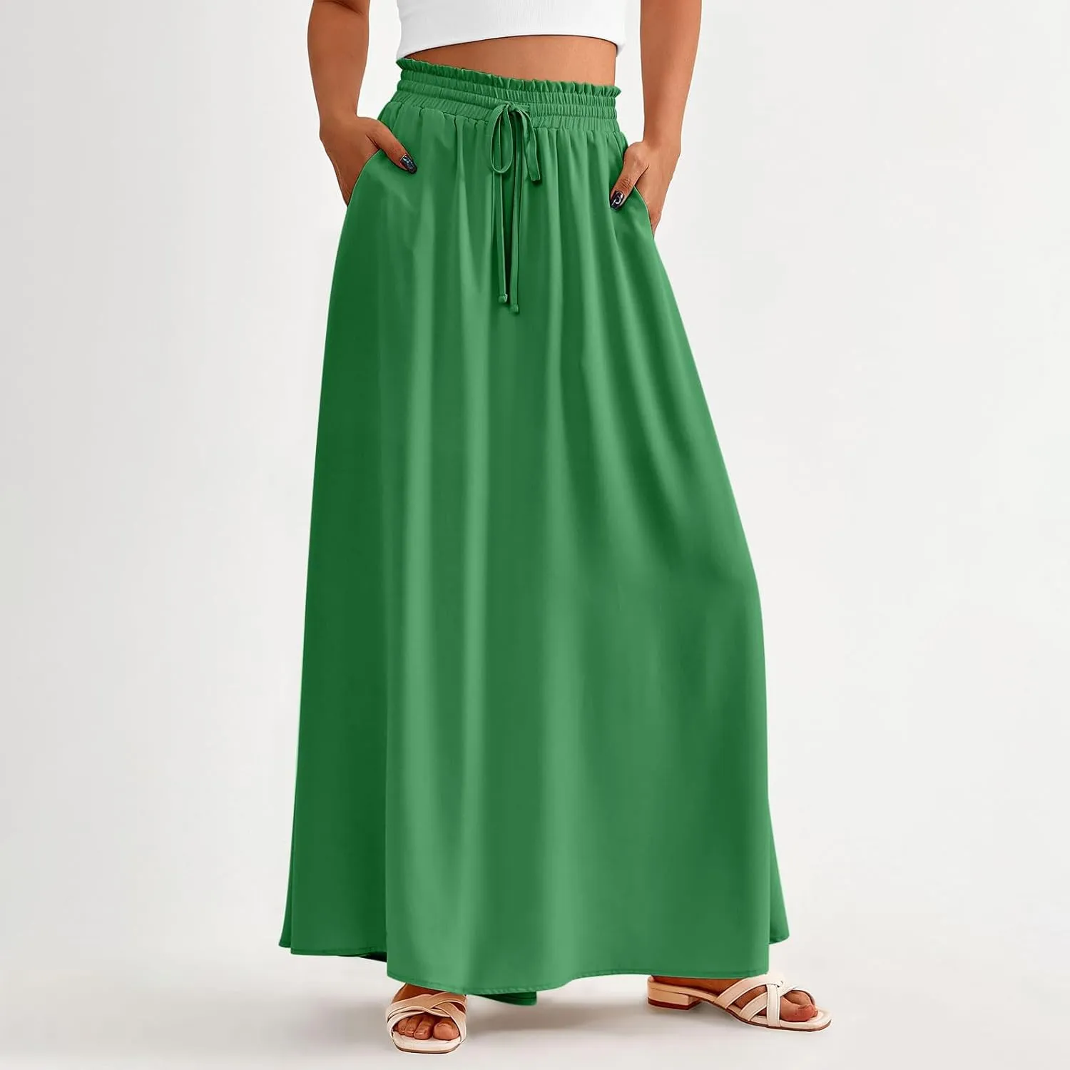 TANGNADE Summer Maxi Skirts for Women High Waisted Smocked Flowy Trendy Casual Swing Boho Beach Vacation Long Skirt
