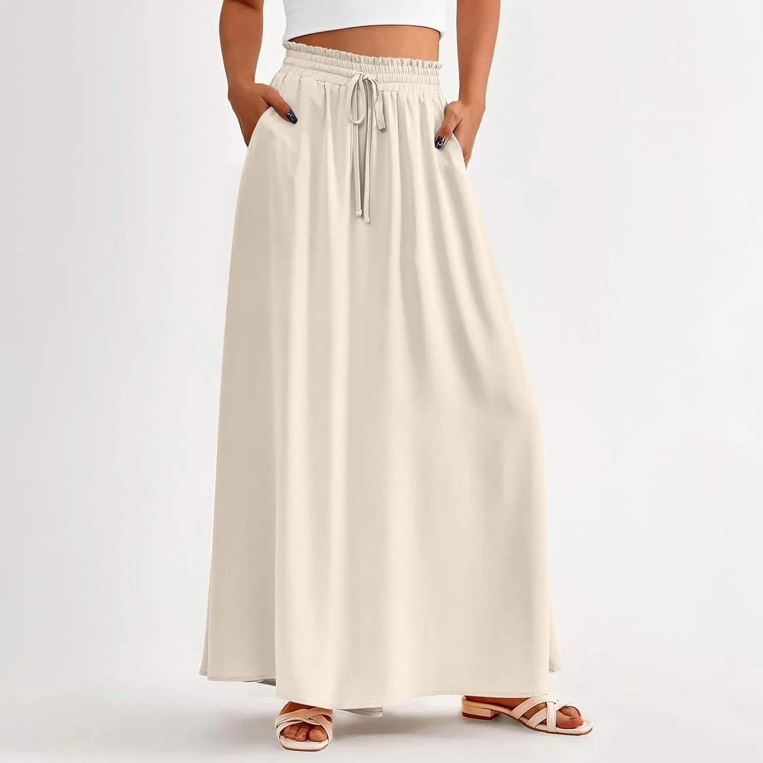 TANGNADE Summer Maxi Skirts for Women High Waisted Smocked Flowy Trendy Casual Swing Boho Beach Vacation Long Skirt