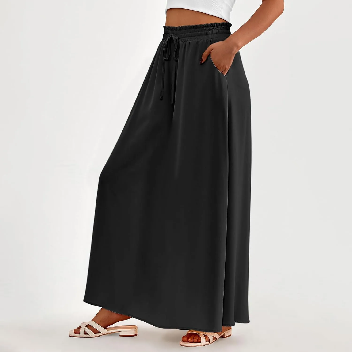 TANGNADE Summer Maxi Skirts for Women High Waisted Smocked Flowy Trendy Casual Swing Boho Beach Vacation Long Skirt