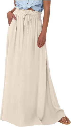 TANGNADE Summer Maxi Skirts for Women High Waisted Smocked Flowy Trendy Casual Swing Boho Beach Vacation Long Skirt