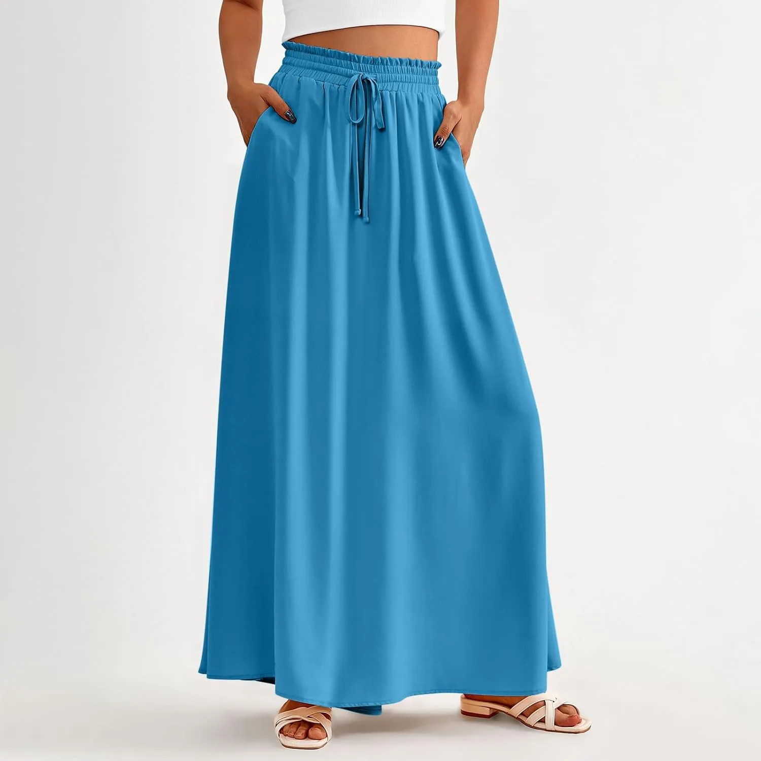 TANGNADE Summer Maxi Skirts for Women High Waisted Smocked Flowy Trendy Casual Swing Boho Beach Vacation Long Skirt