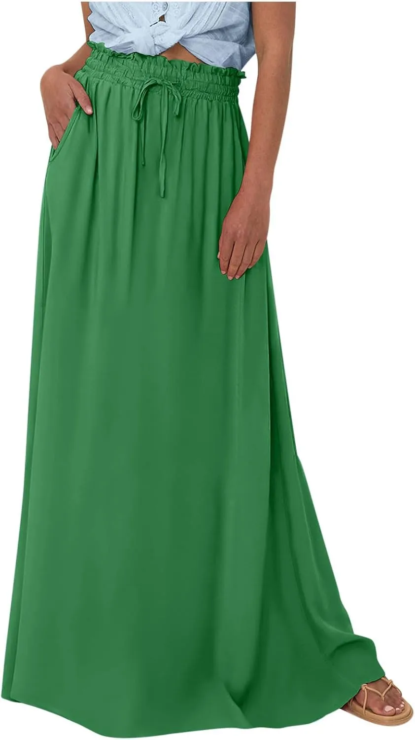 TANGNADE Summer Maxi Skirts for Women High Waisted Smocked Flowy Trendy Casual Swing Boho Beach Vacation Long Skirt