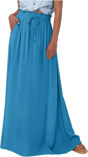 TANGNADE Summer Maxi Skirts for Women High Waisted Smocked Flowy Trendy Casual Swing Boho Beach Vacation Long Skirt