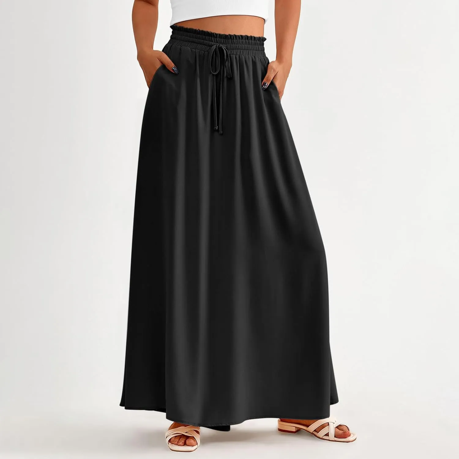 TANGNADE Summer Maxi Skirts for Women High Waisted Smocked Flowy Trendy Casual Swing Boho Beach Vacation Long Skirt