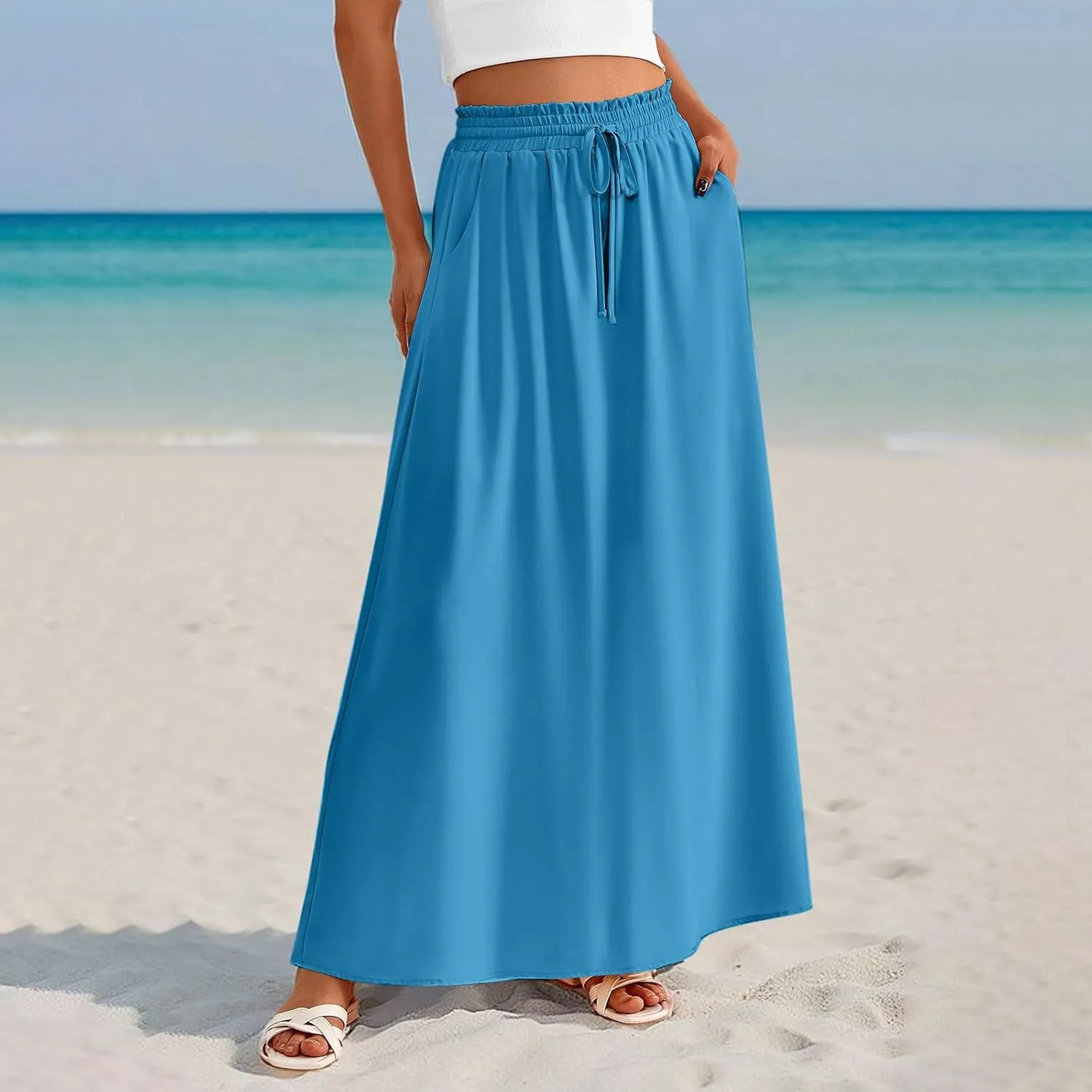 TANGNADE Summer Maxi Skirts for Women High Waisted Smocked Flowy Trendy Casual Swing Boho Beach Vacation Long Skirt