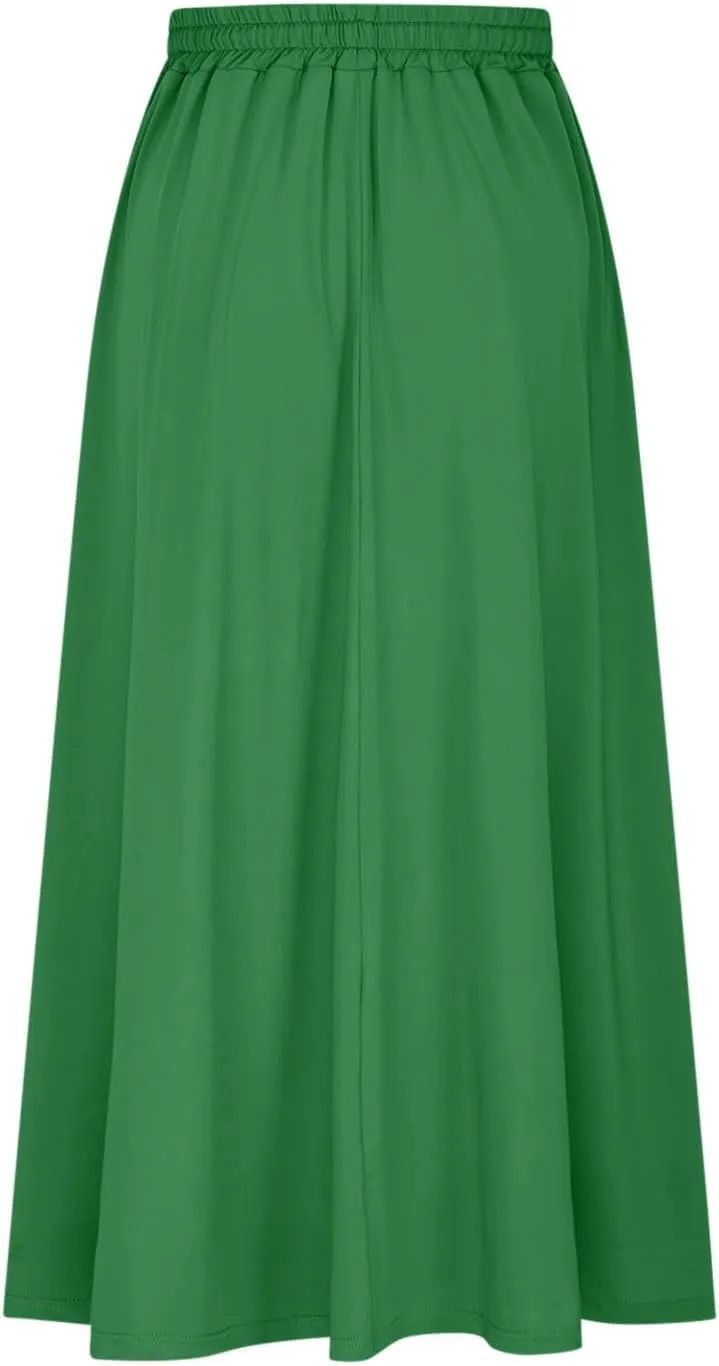 TANGNADE Summer Maxi Skirts for Women High Waisted Smocked Flowy Trendy Casual Swing Boho Beach Vacation Long Skirt