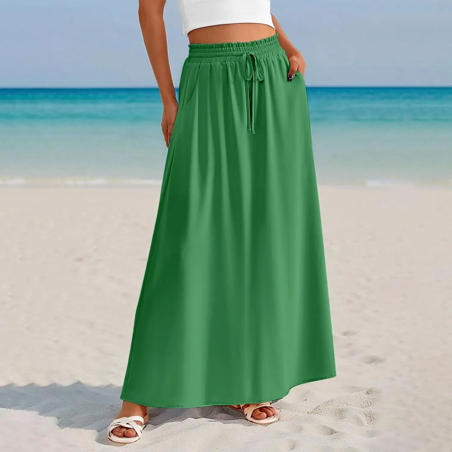 TANGNADE Summer Maxi Skirts for Women High Waisted Smocked Flowy Trendy Casual Swing Boho Beach Vacation Long Skirt