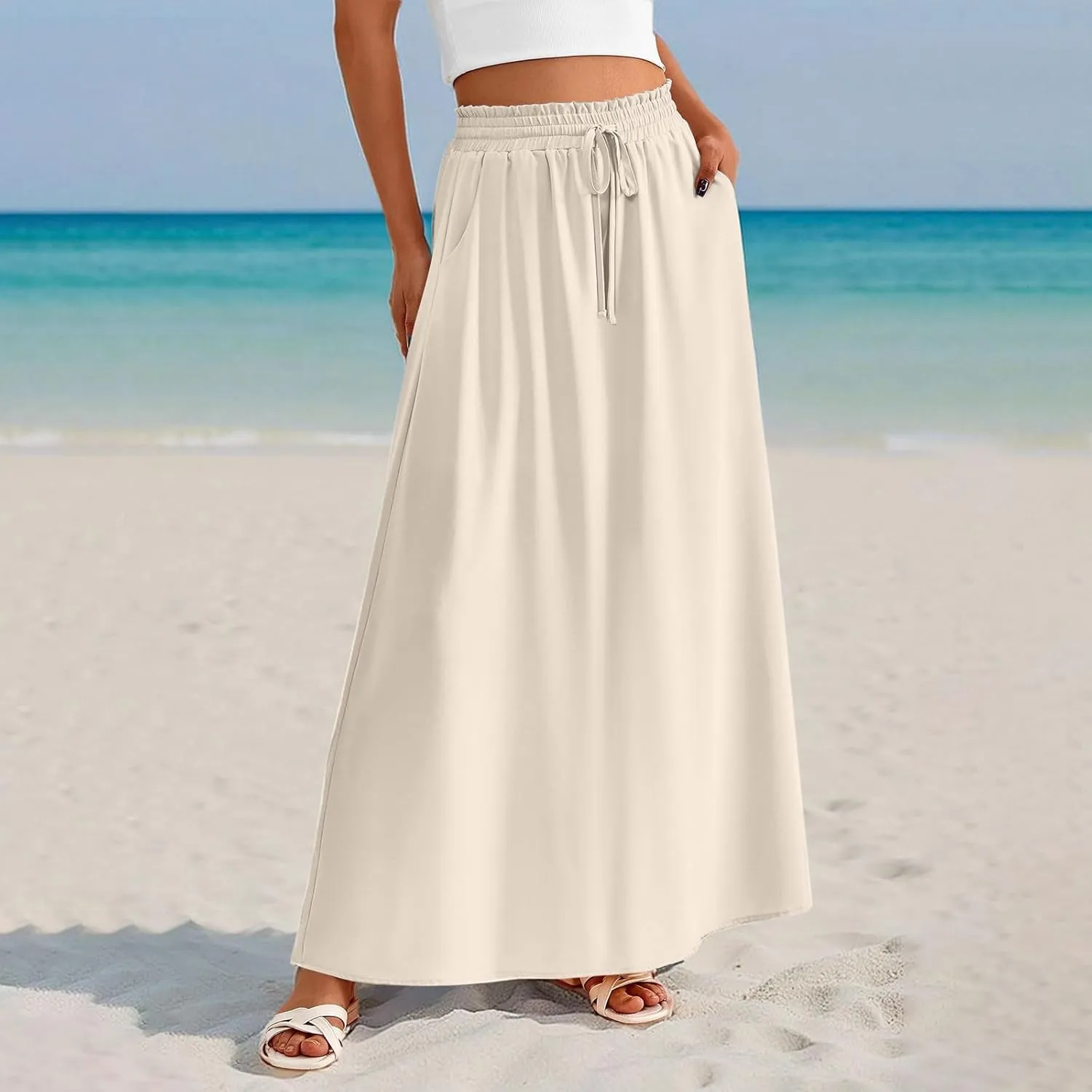TANGNADE Summer Maxi Skirts for Women High Waisted Smocked Flowy Trendy Casual Swing Boho Beach Vacation Long Skirt