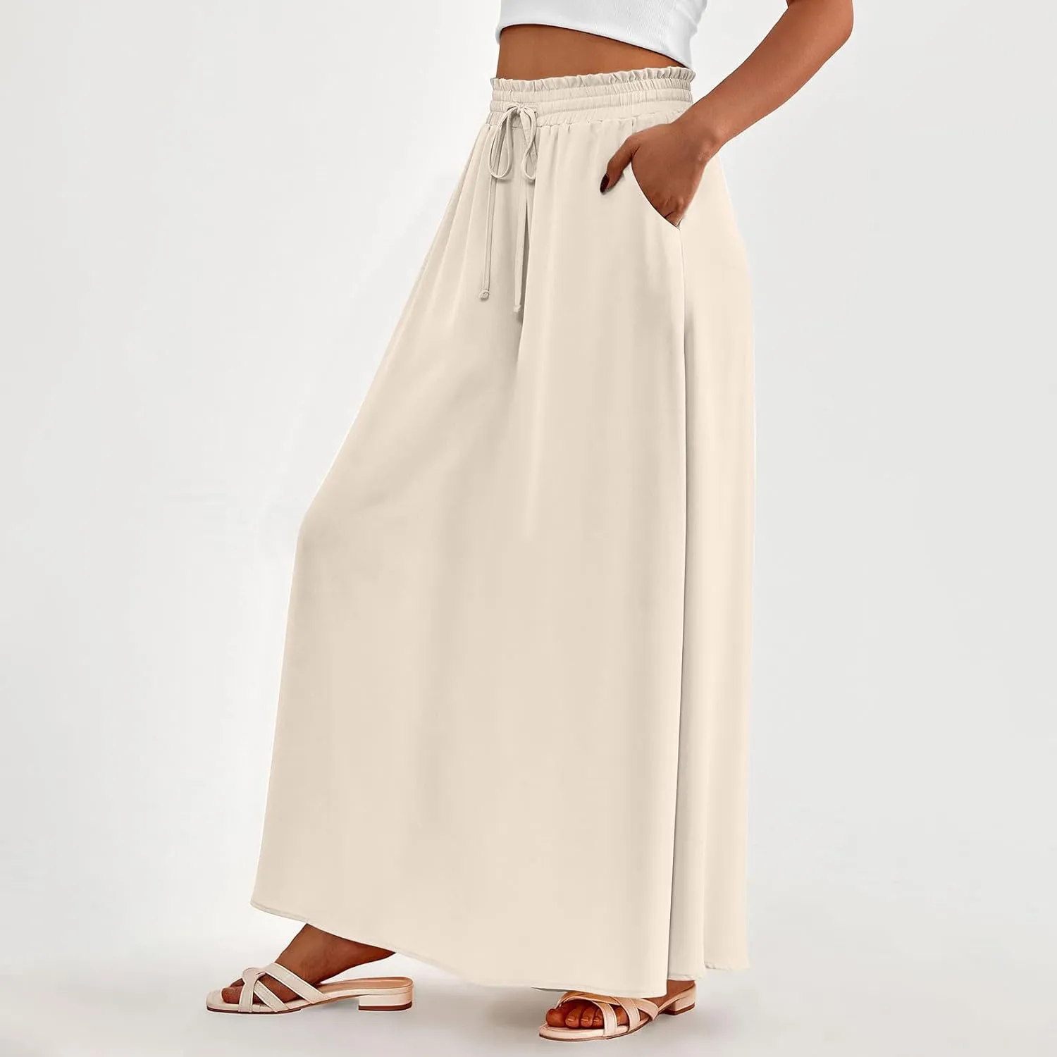 TANGNADE Summer Maxi Skirts for Women High Waisted Smocked Flowy Trendy Casual Swing Boho Beach Vacation Long Skirt