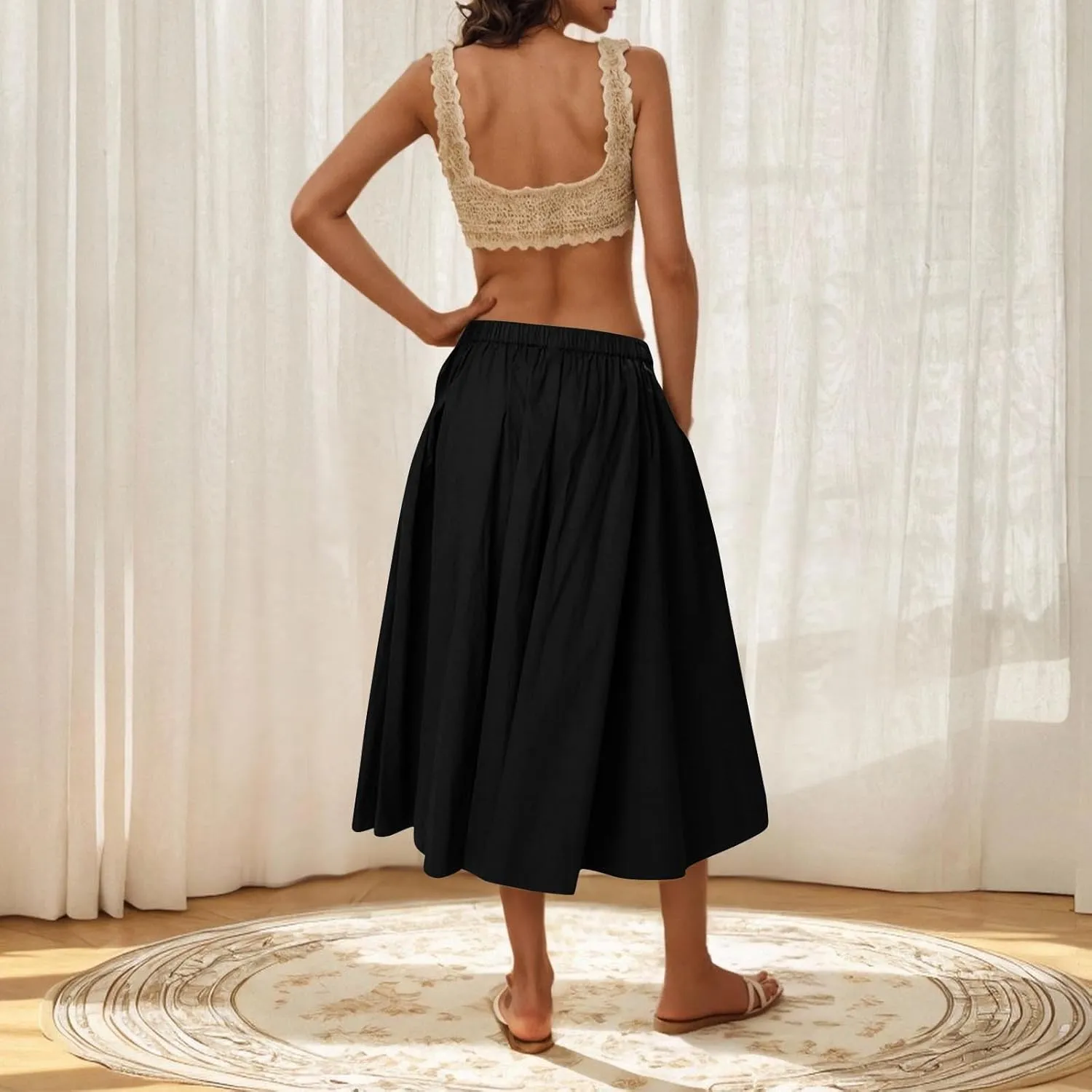 TANGNADE Womens Summer Skirts Casual Trendy High Waisted A Line Flowy Boho Midi Length Ladies Skirt Work Office Outfits
