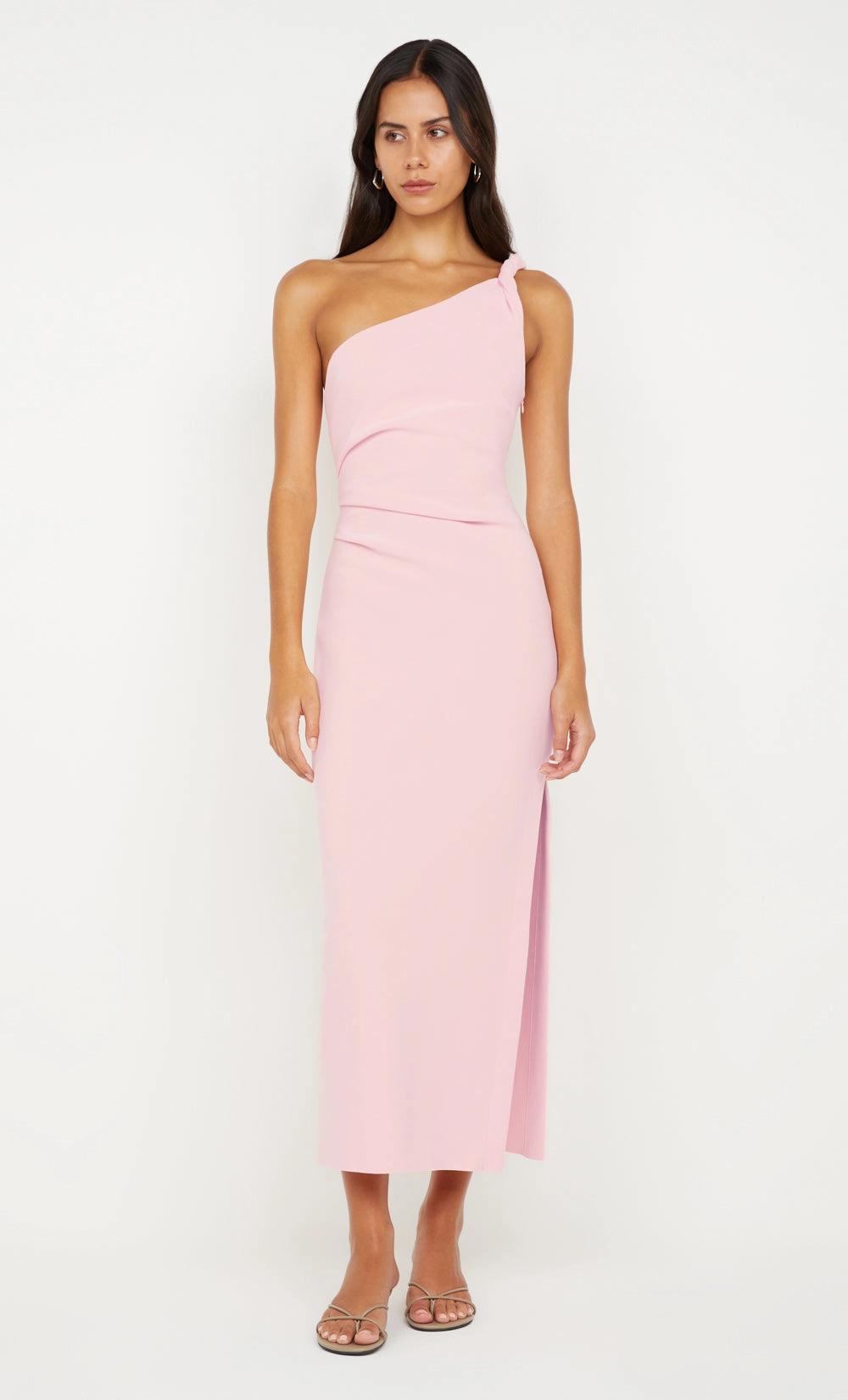 ARIVEN ASYM MIDI DRESS - POWDER PINK luxe feel Feminine Charm