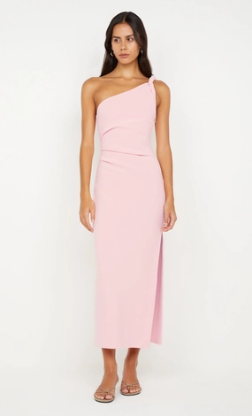 ARIVEN ASYM MIDI DRESS - POWDER PINK luxe feel Feminine Charm