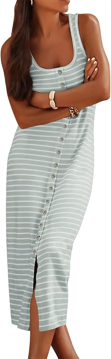 Tank Dresses for Women 2025 Casual Fashion Sleeveless Striped Maxi Dresses Summer Square Neck Button Long Sundress