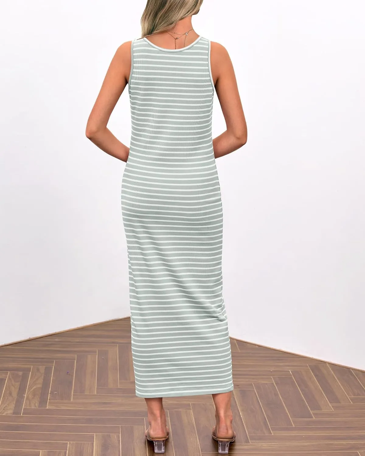 Tank Dresses for Women 2025 Casual Fashion Sleeveless Striped Maxi Dresses Summer Square Neck Button Long Sundress