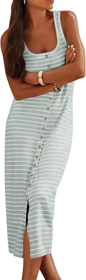 Tank Dresses for Women 2025 Casual Fashion Sleeveless Striped Maxi Dresses Summer Square Neck Button Long Sundress