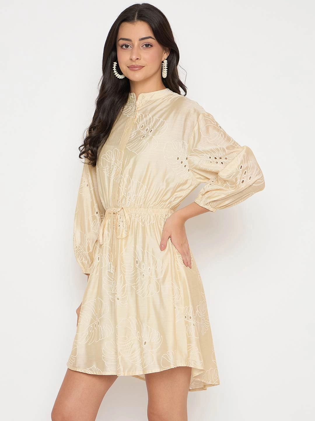 Madame Schiffli Off White Viscose Blend Mini Dress Evening-Wear Travel Staple