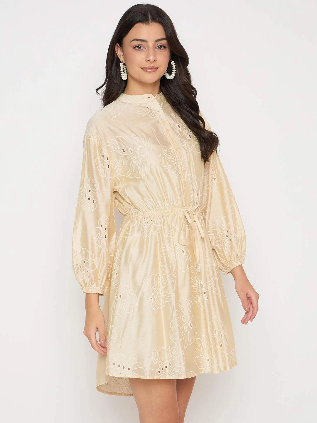 Madame Schiffli Off White Viscose Blend Mini Dress Lounge Cut Polished Details
