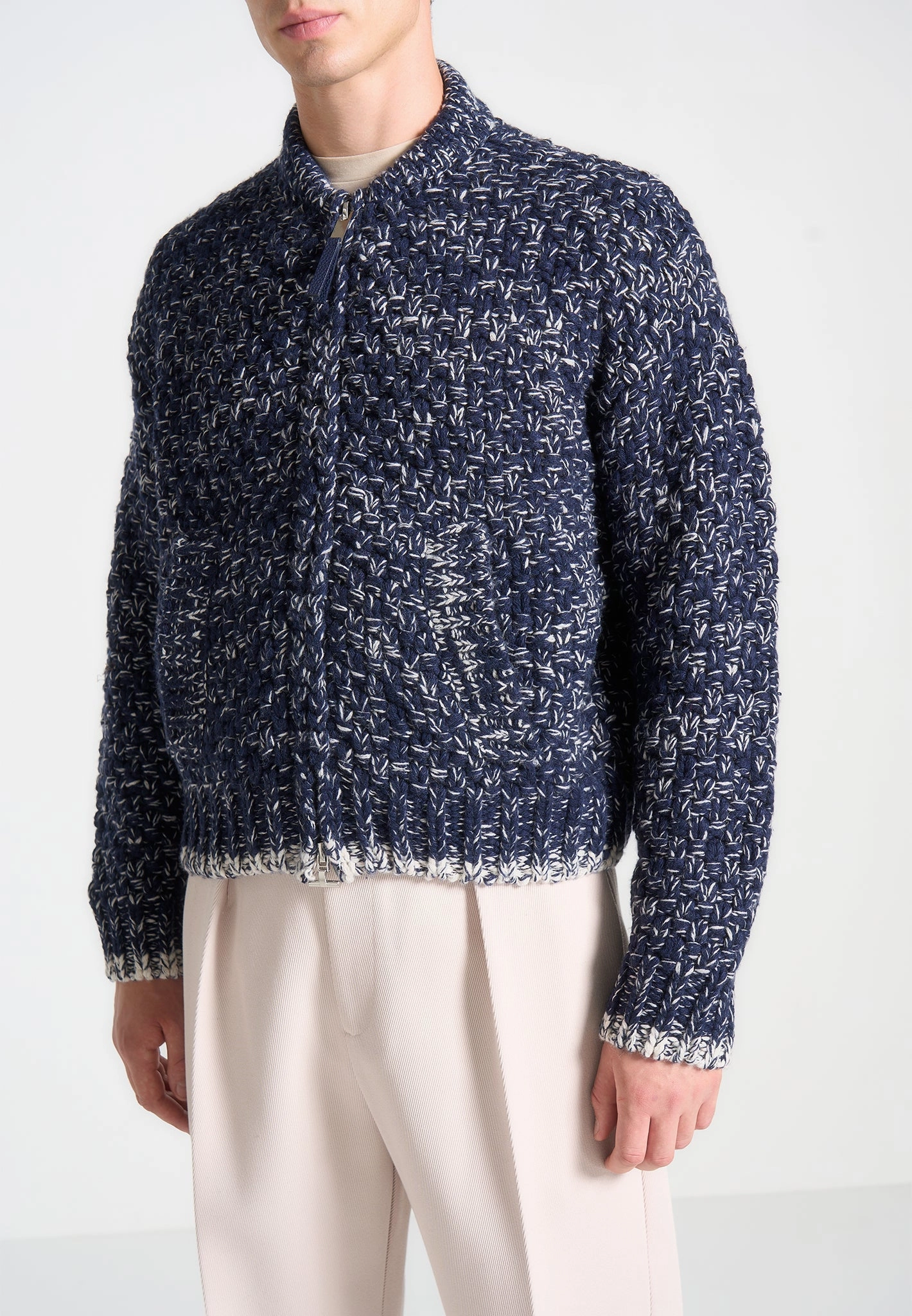 Darel - Speckled Knit Bomber Jacket - Navy DoubleLayered Edging