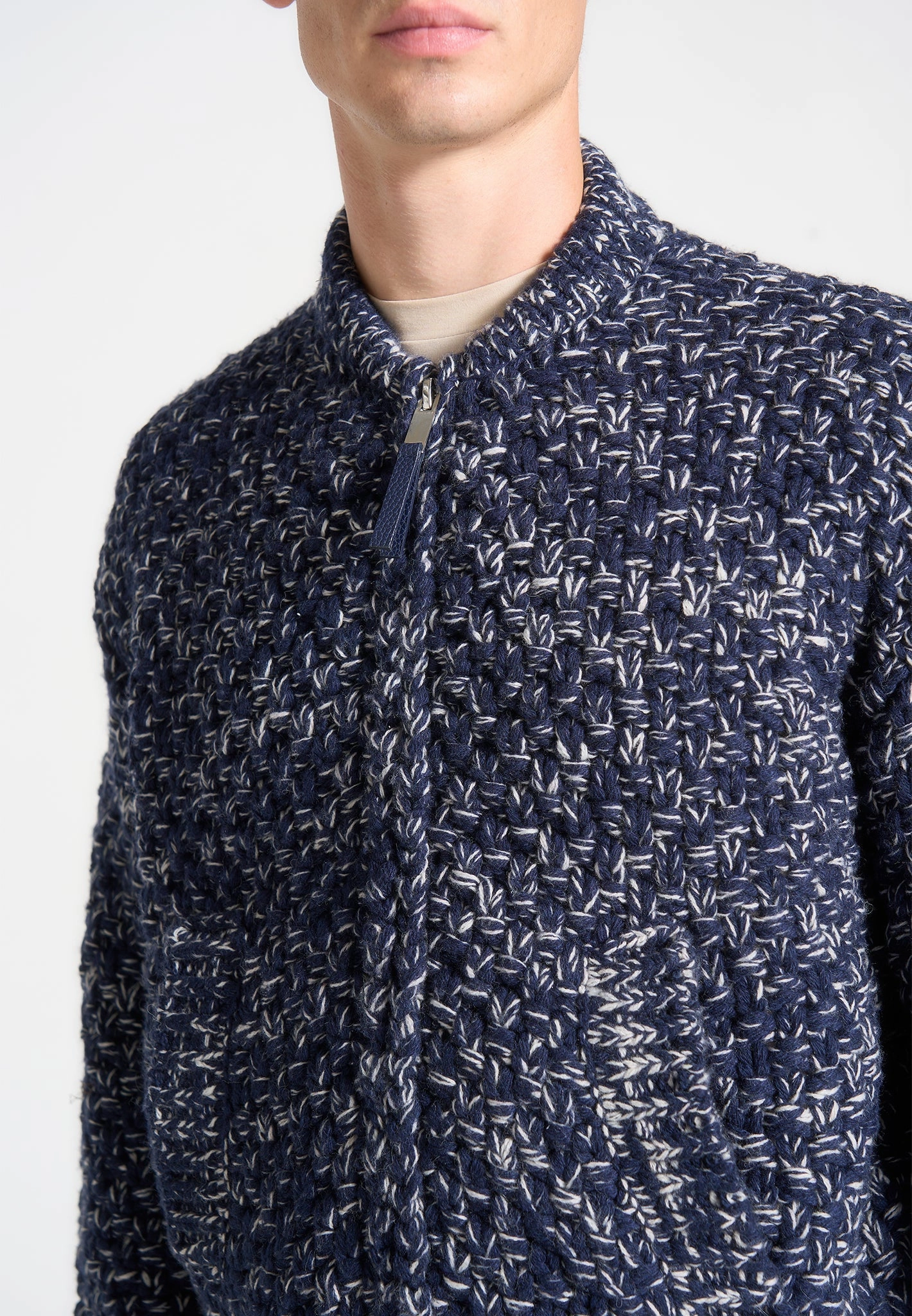 Darel - Speckled Knit Bomber Jacket - Navy Chic Casual Outfit Layer Option