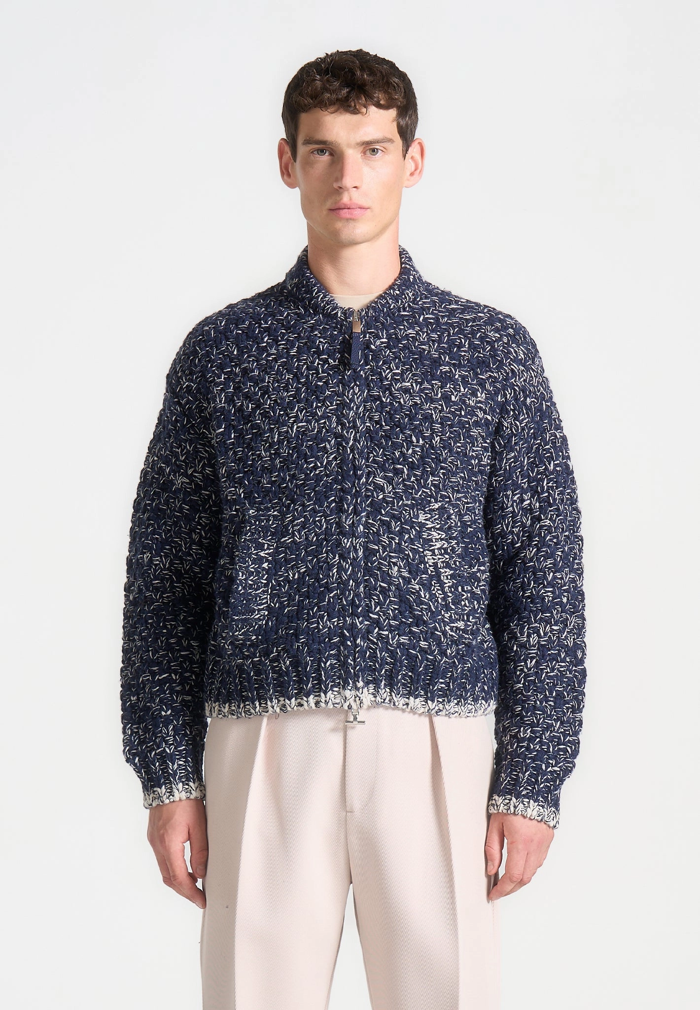Gentle Fit Darel - Speckled Knit Bomber Jacket - Navy