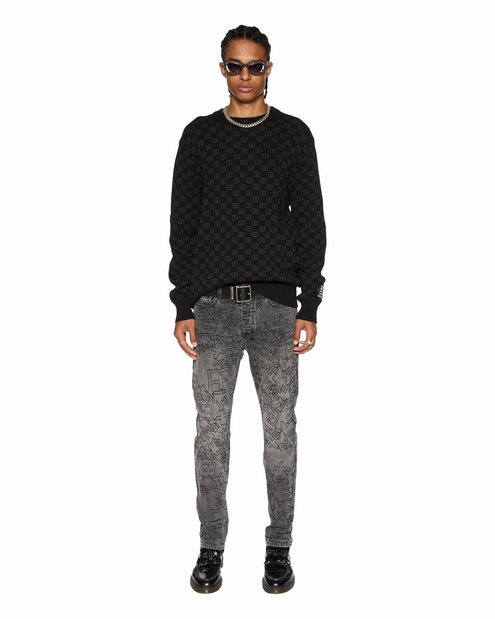 BOX KNIT CREW WASHED BLACK StaticResistantFabric LoopwheelFabric