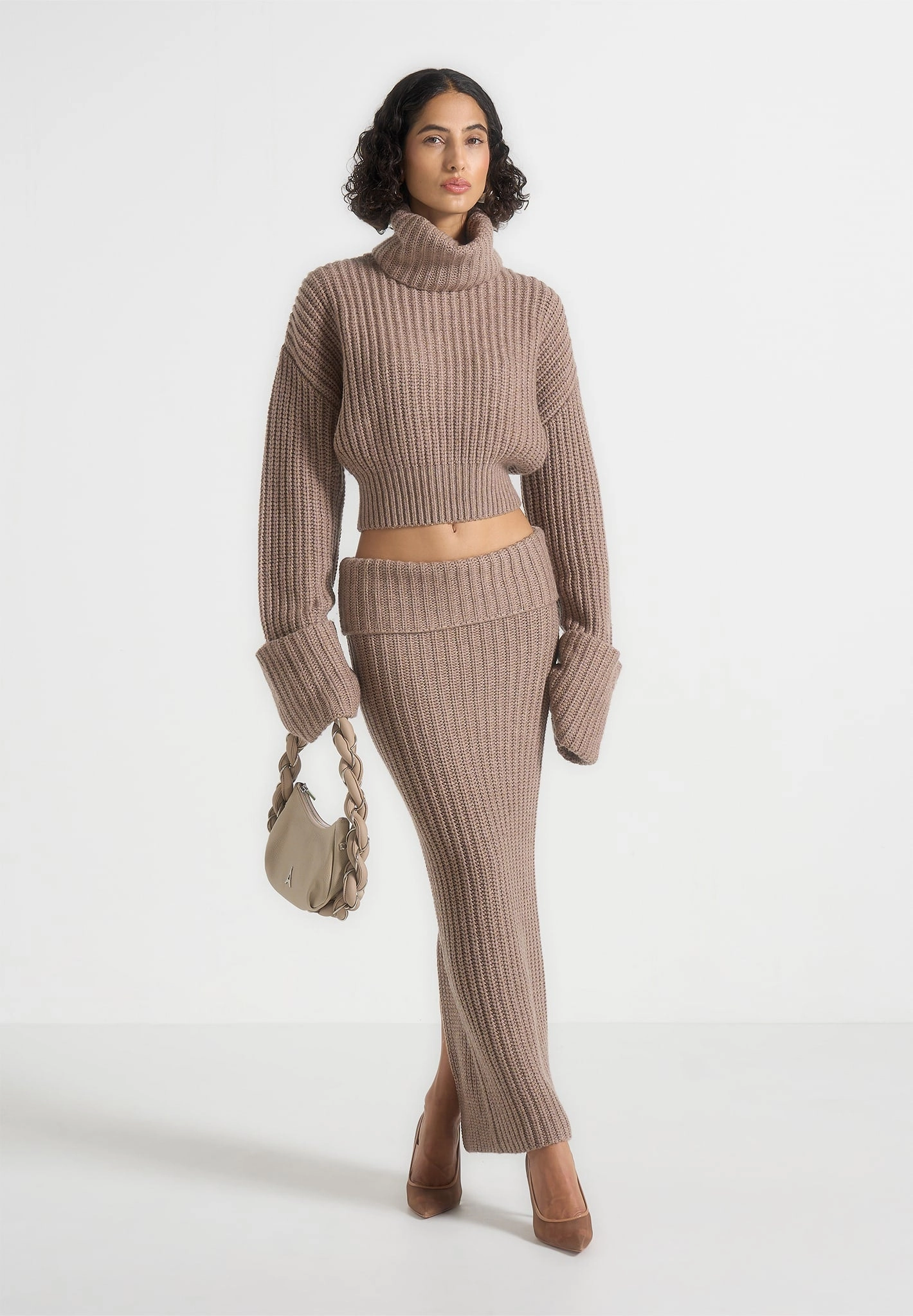Amaya - Roll Neck Knit Jumper With Cuffs - Taupe Work Friendly Soft Stretch