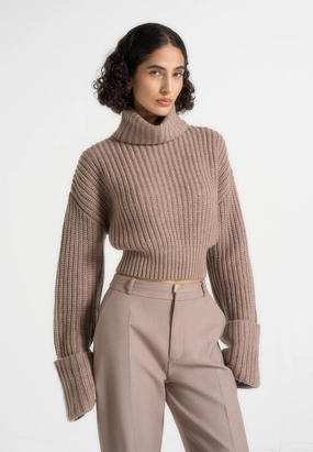 Amaya - Roll Neck Knit Jumper With Cuffs - Taupe SoftTouch Material
