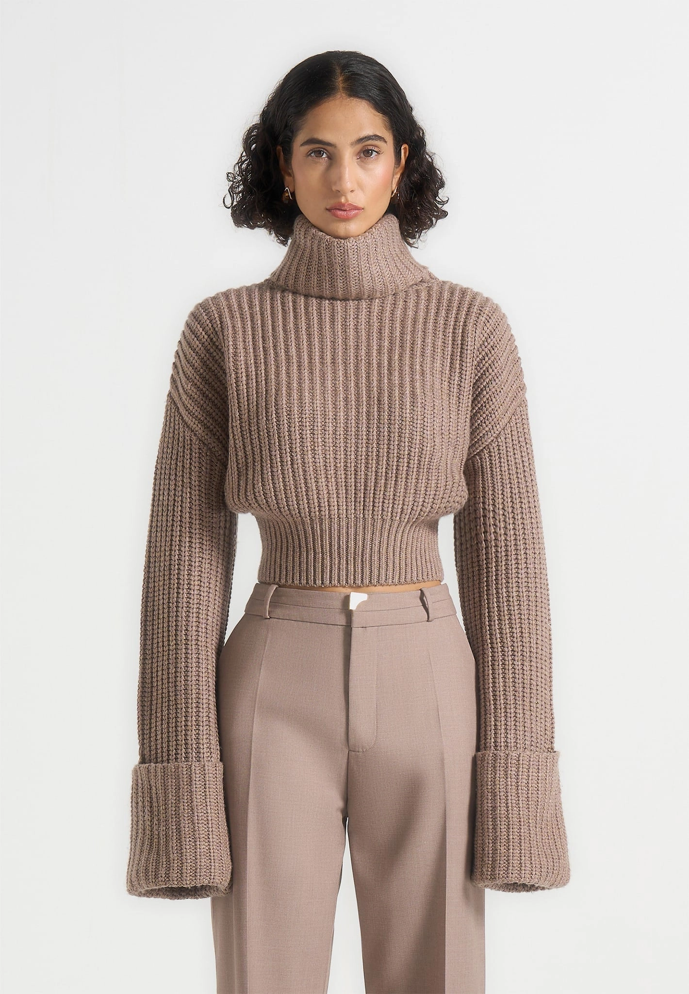 Office Casual Amaya - Roll Neck Knit Jumper With Cuffs - Taupe