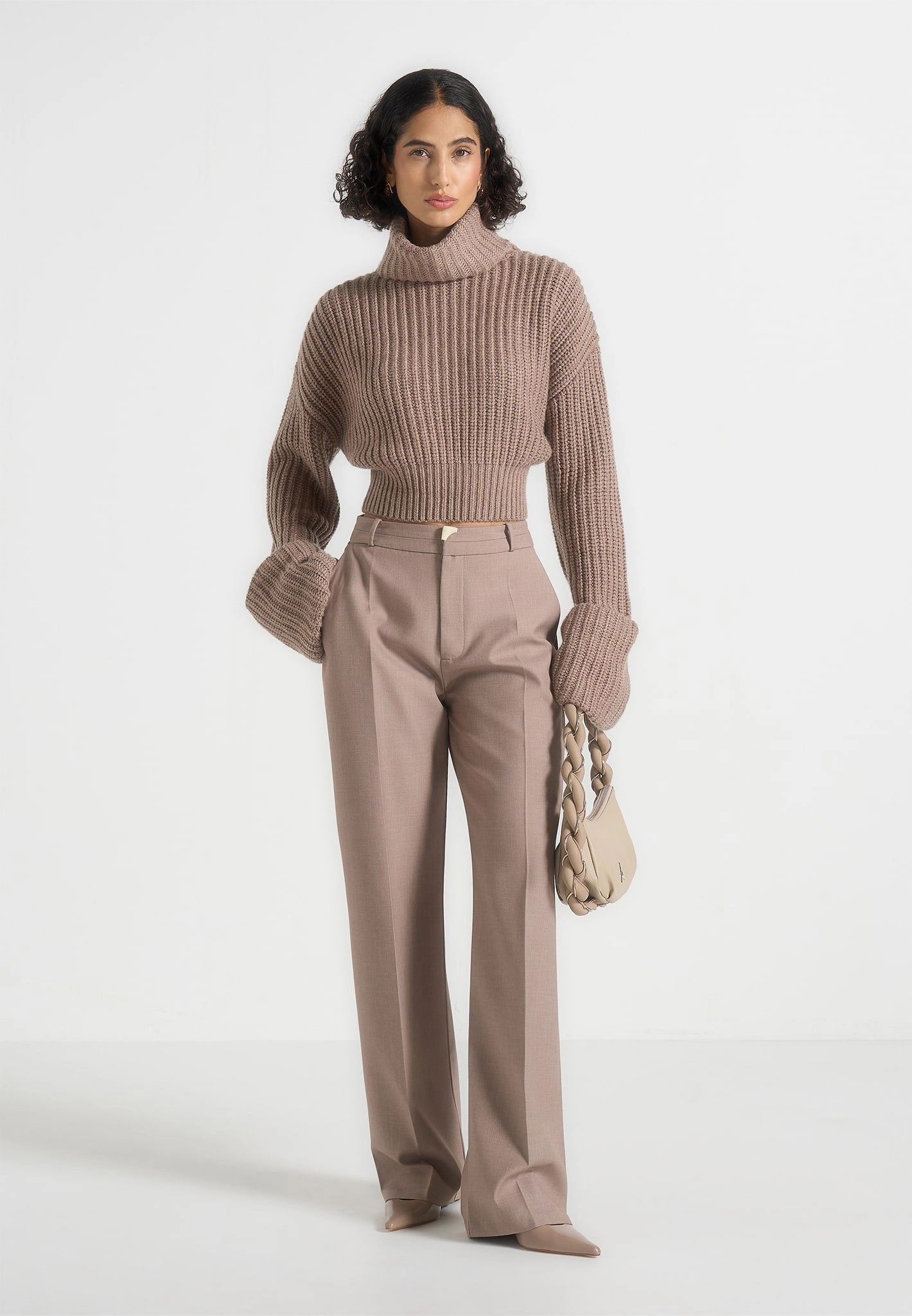 Amaya - Roll Neck Knit Jumper With Cuffs - Taupe Durable Stitching