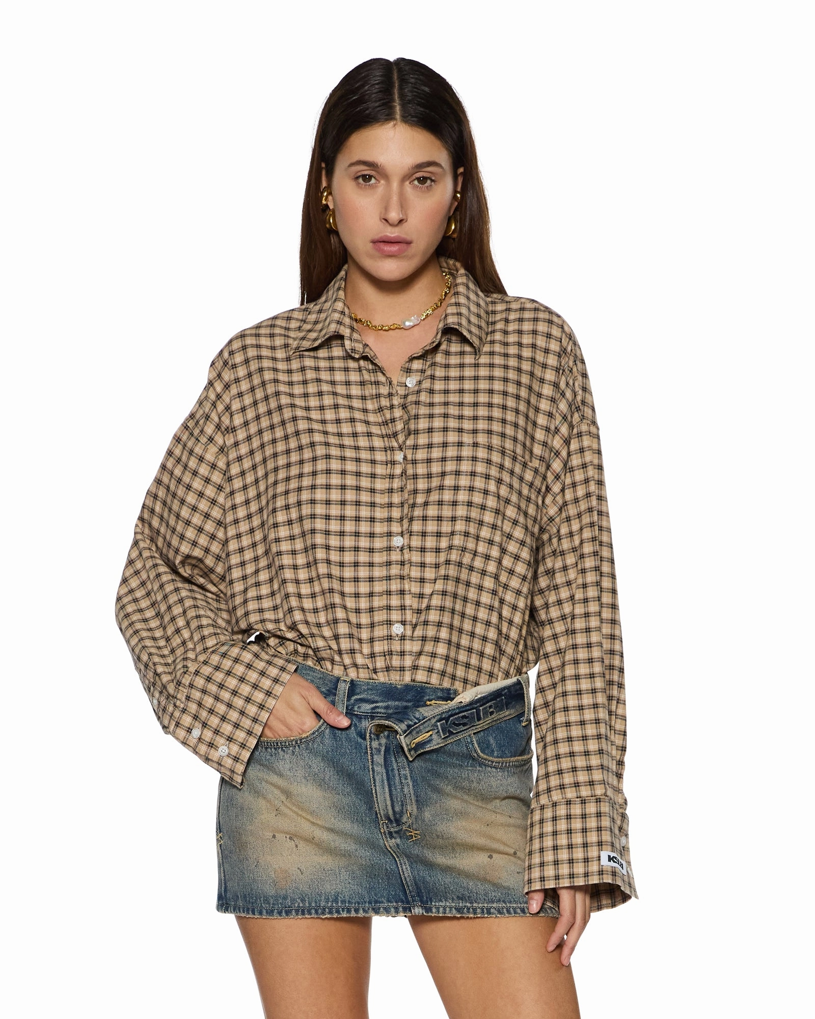 Oversized Silhouette ThermalRegulating Fabric ASTRA LS SHIRT TAN PLAID