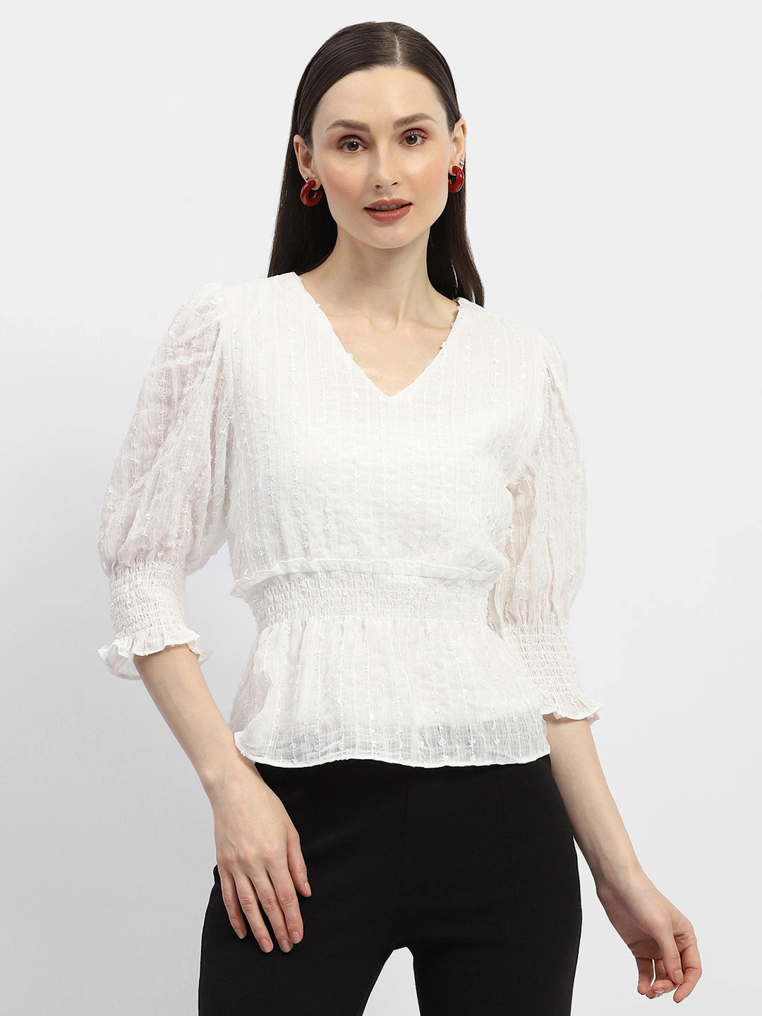 Self Fabric Tie Closure Madame Shimmery Off-White Peplum Top