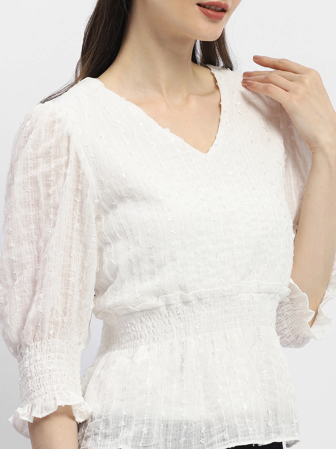 OdorControl Reinforced Neckline Detail Madame Shimmery Off-White Peplum Top