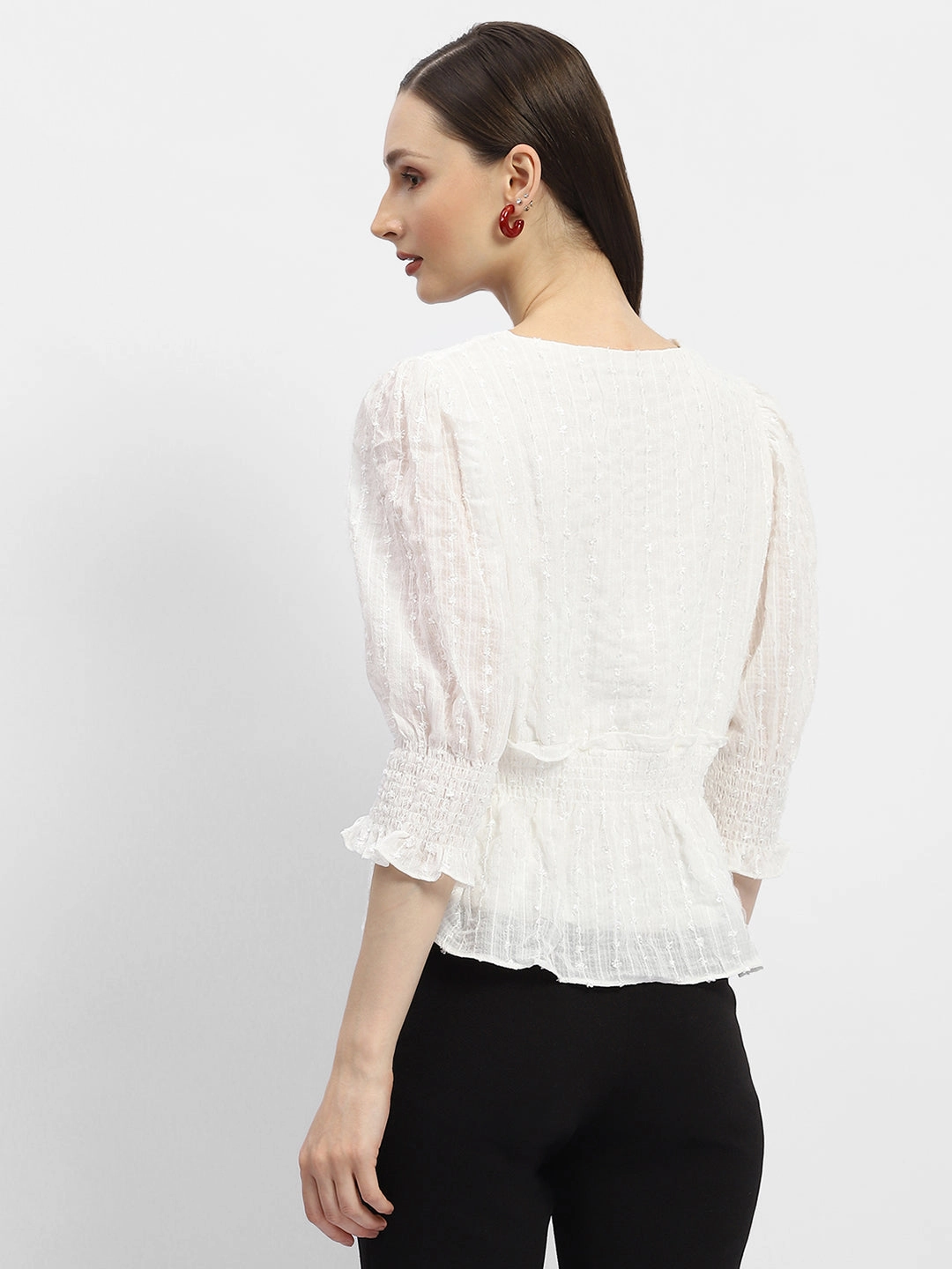Madame Shimmery Off-White Peplum Top Rolled Hem Detailing QuickDryTechnology
