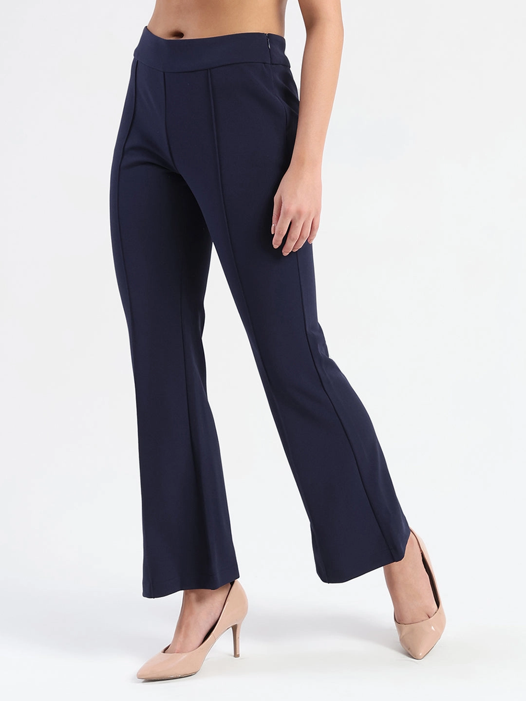 Madame Side Zipper Flared Navy Blue Knitted Moss Trousers RibbedTexture Breathable3DKnit