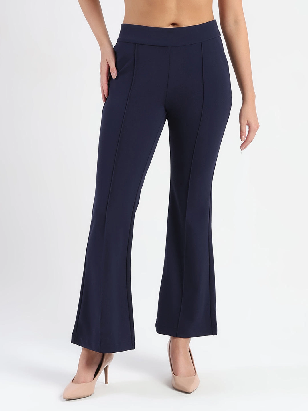 V Neck Design Stretch Fit Madame Side Zipper Flared Navy Blue Knitted Moss Trousers