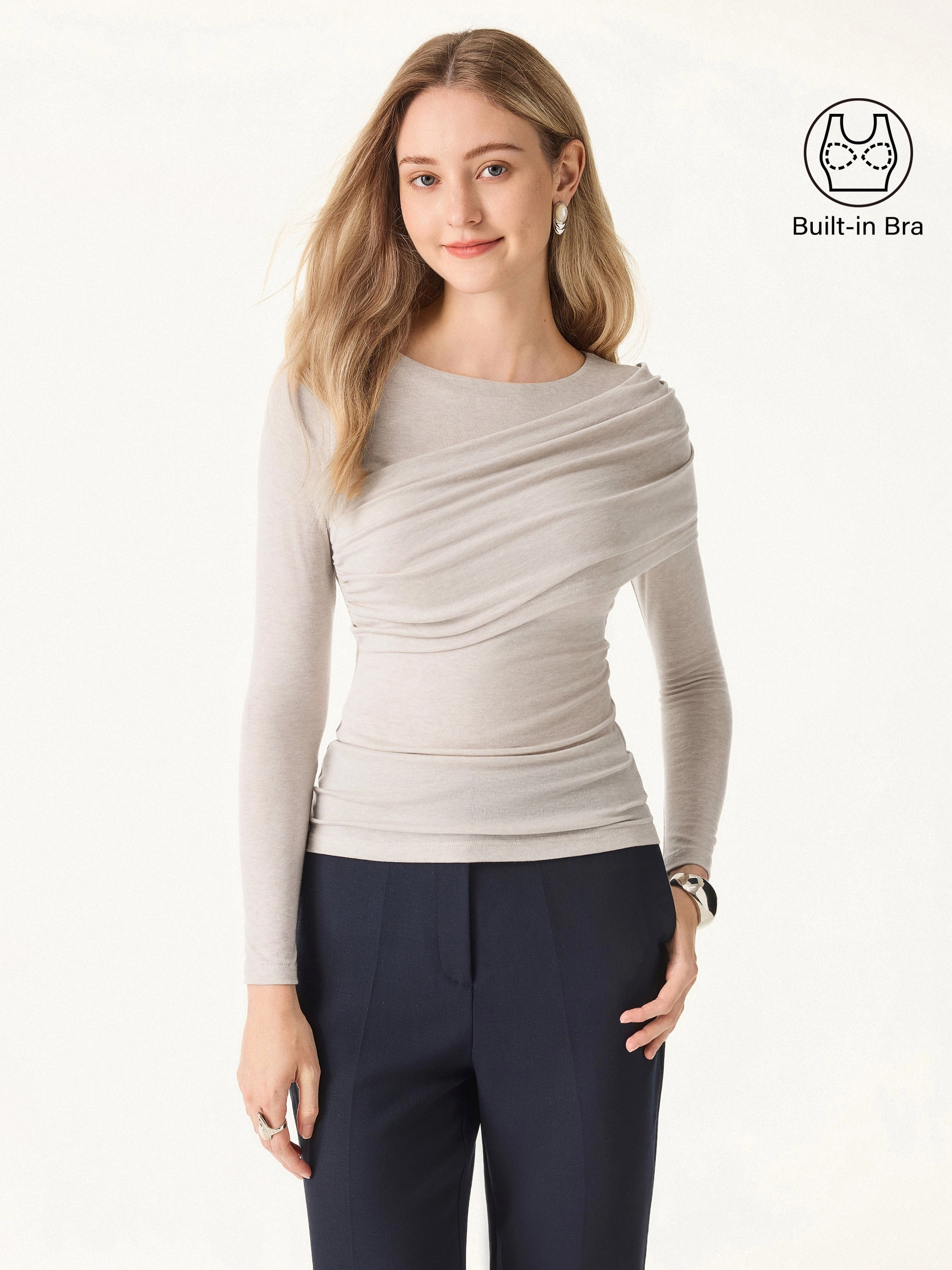 Soft Knit slim fit Tencel-Wool Gathered Long Sleeve Brami Top