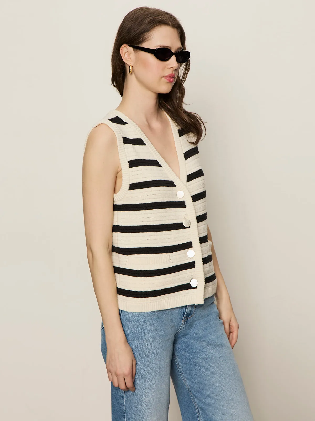 Textured Sweater Vest Macrame/ Black Stripe Soft Fabric Essential Wardrobe