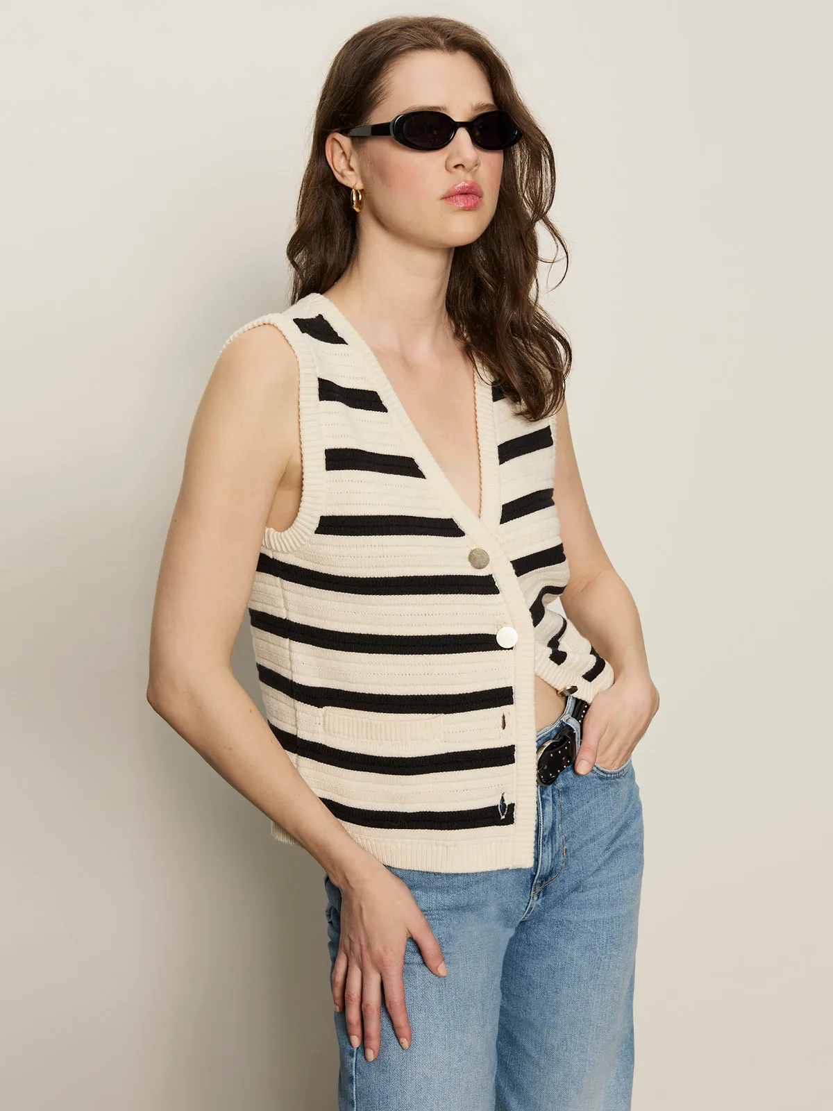 Textured Sweater Vest Macrame/ Black Stripe Eco Friendly Dyes