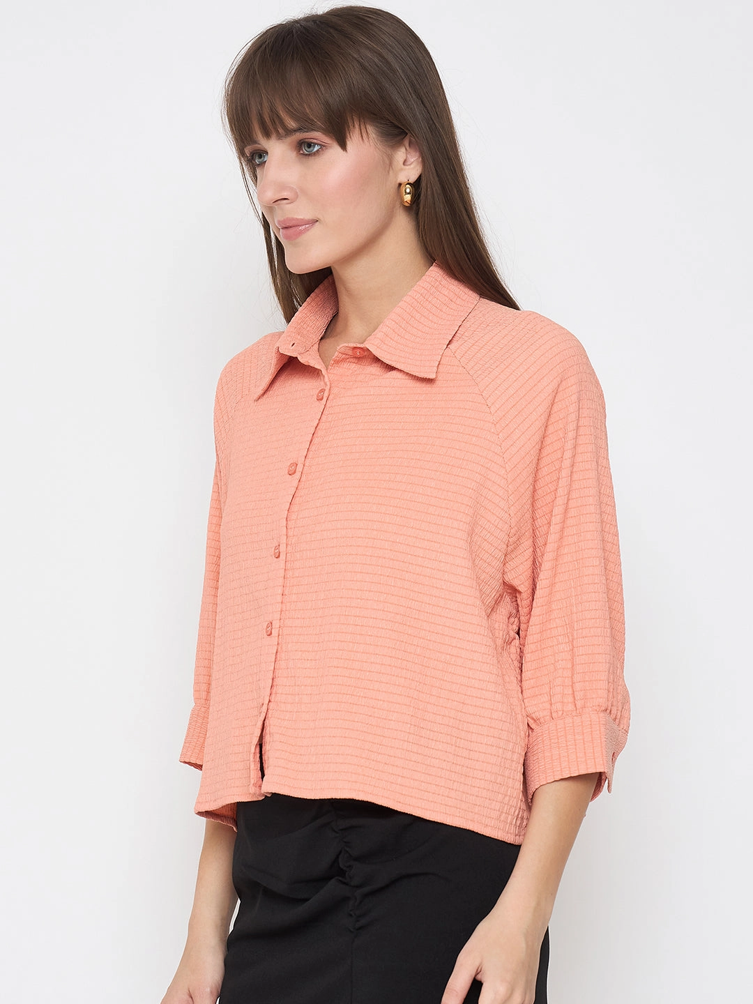 Street Wear Two Tone Stitching Madame Shirt Collar Buttoned Orange Crop Shirt