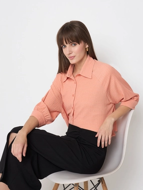 Eco Dye Technique Madame Shirt Collar Buttoned Orange Crop Shirt
