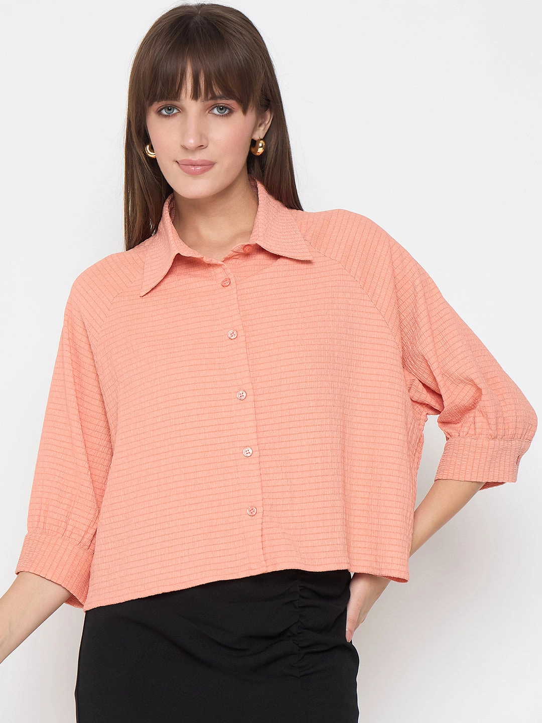 Madame Shirt Collar Buttoned Orange Crop Shirt Eye-Catching Pattern Light Wear