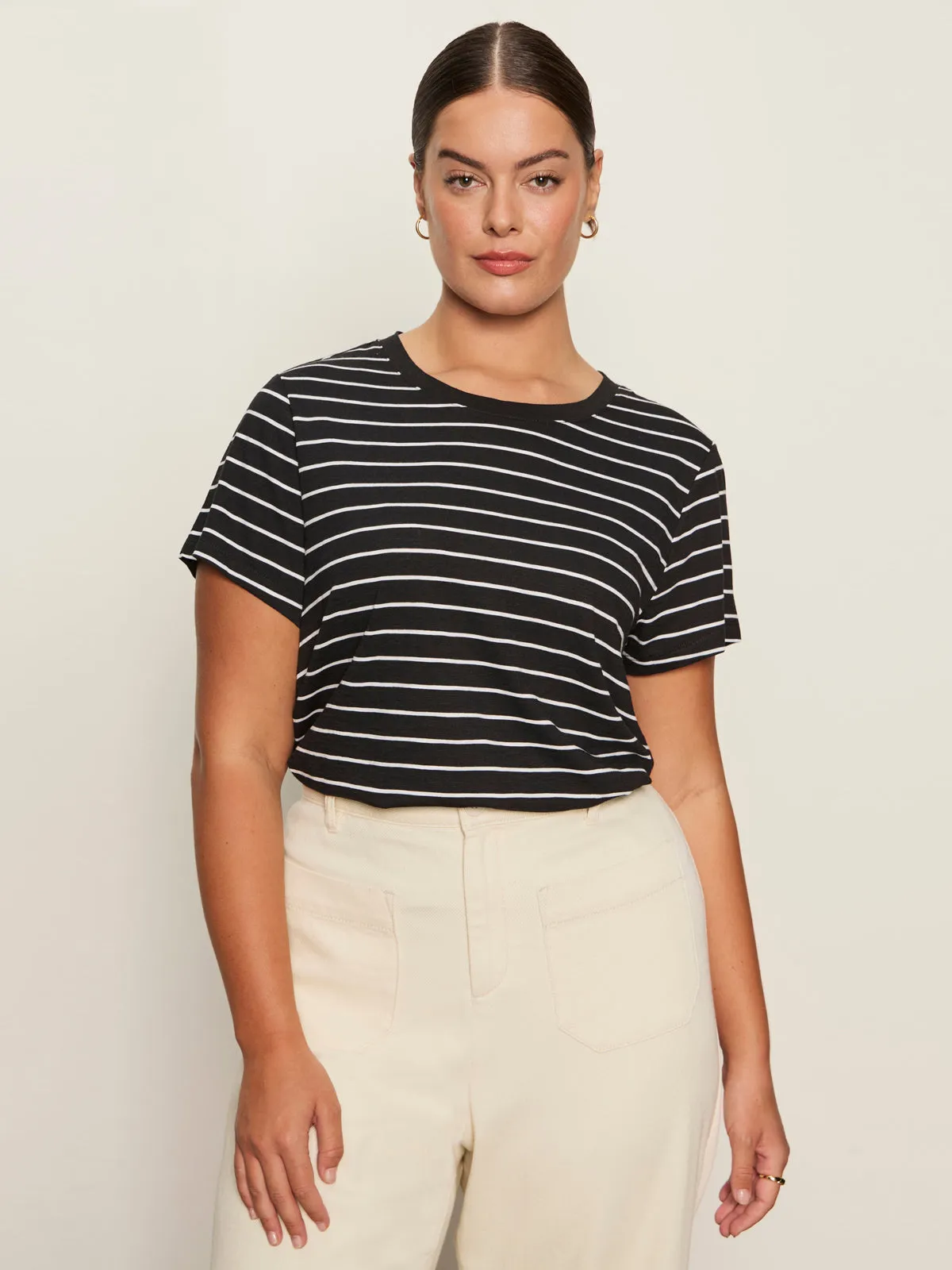 The Perfect Tee White/Black Stripe 5 Extended Sizing Summer Style All-Season Comfort